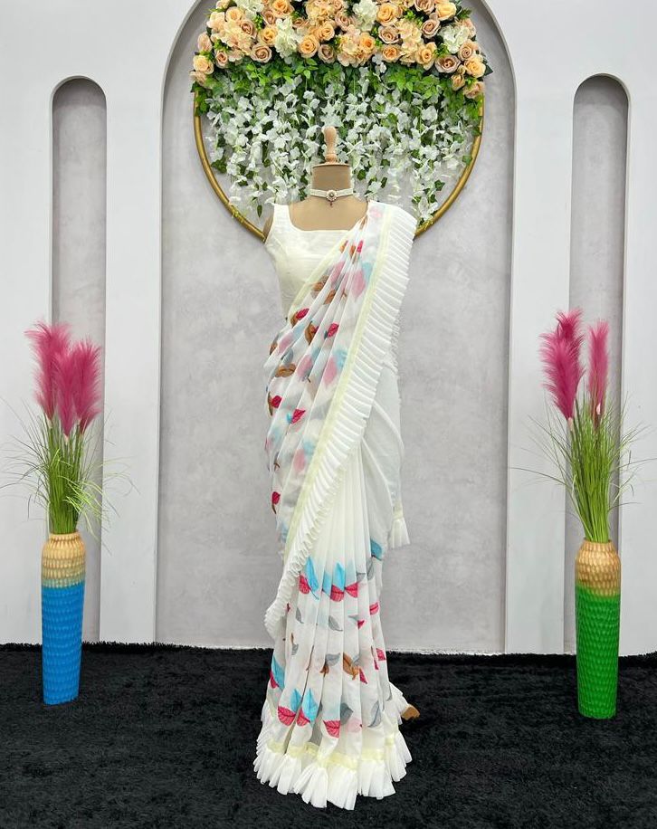 Fancy Ruffle Style White Color Printed Saree