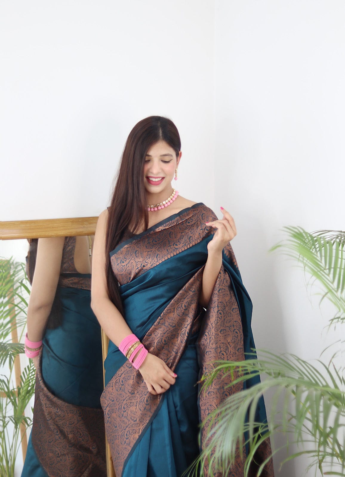 Copper Jari Work Teal Blue Color Banarasi Saree