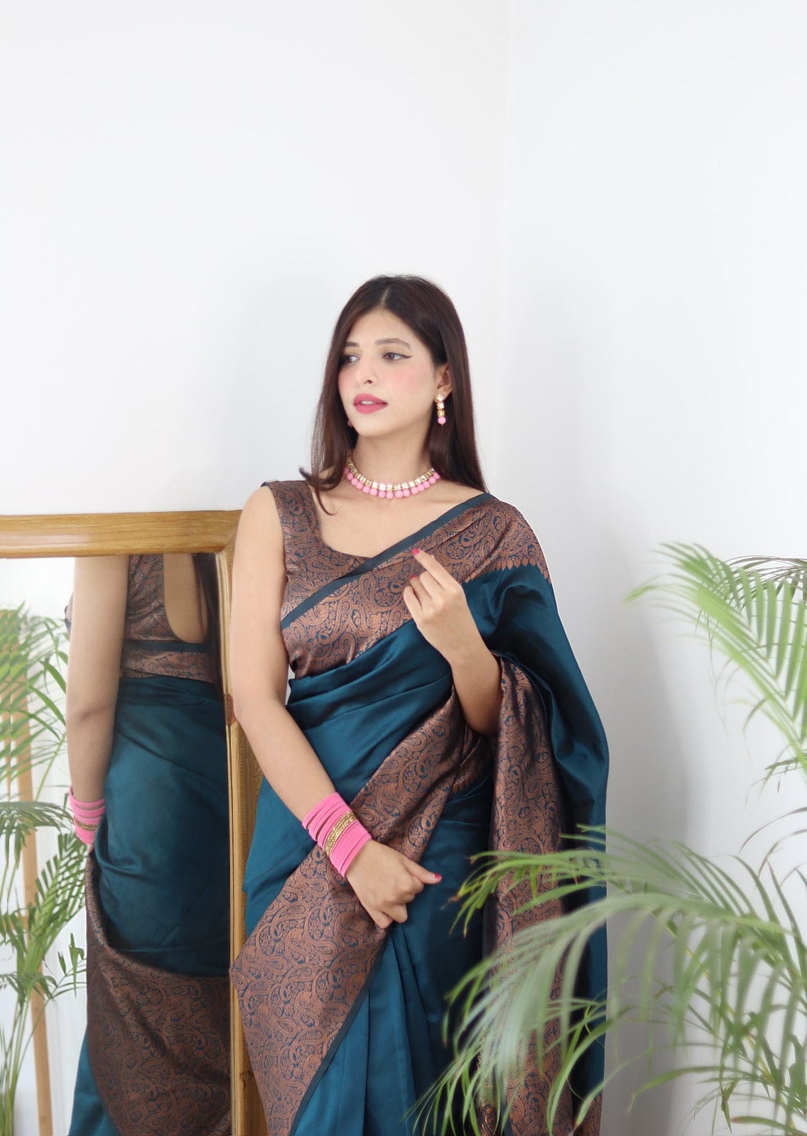 Copper Jari Work Teal Blue Color Banarasi Saree