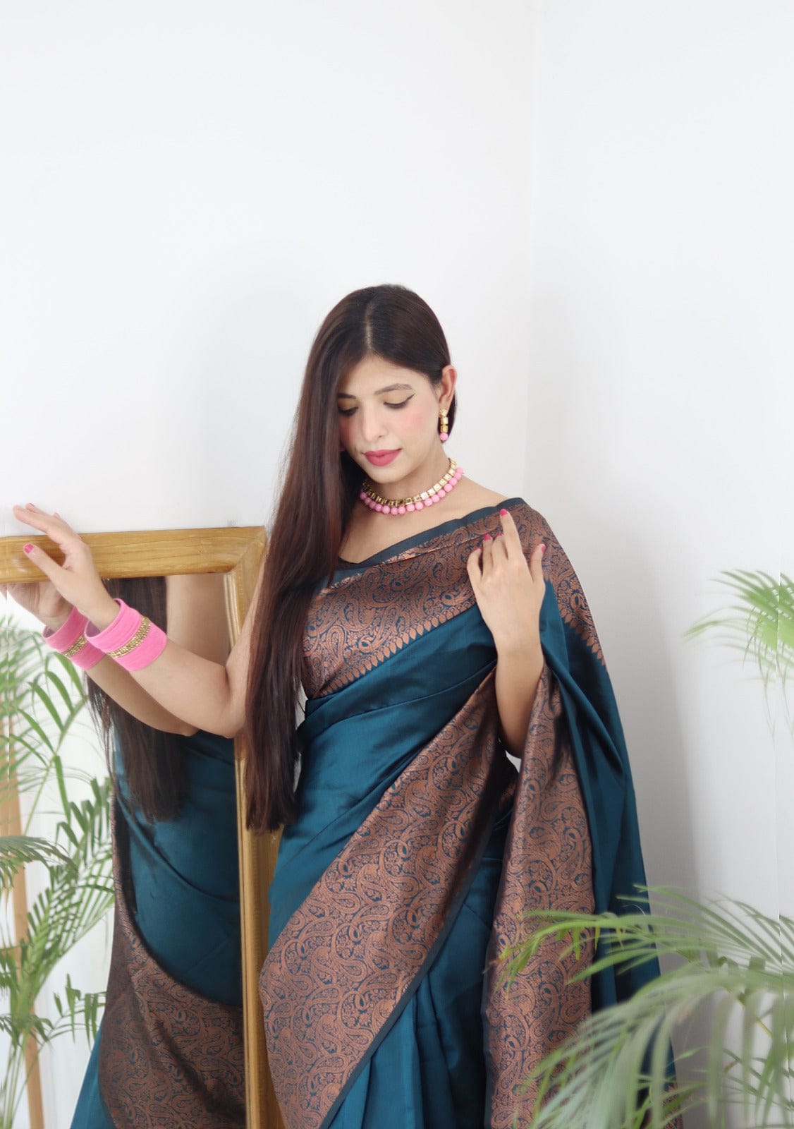 Copper Jari Work Teal Blue Color Banarasi Saree