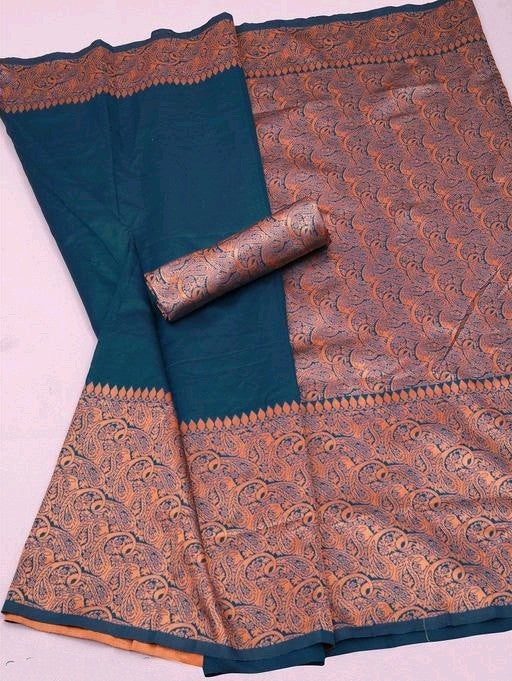 Copper Jari Work Teal Blue Color Banarasi Saree