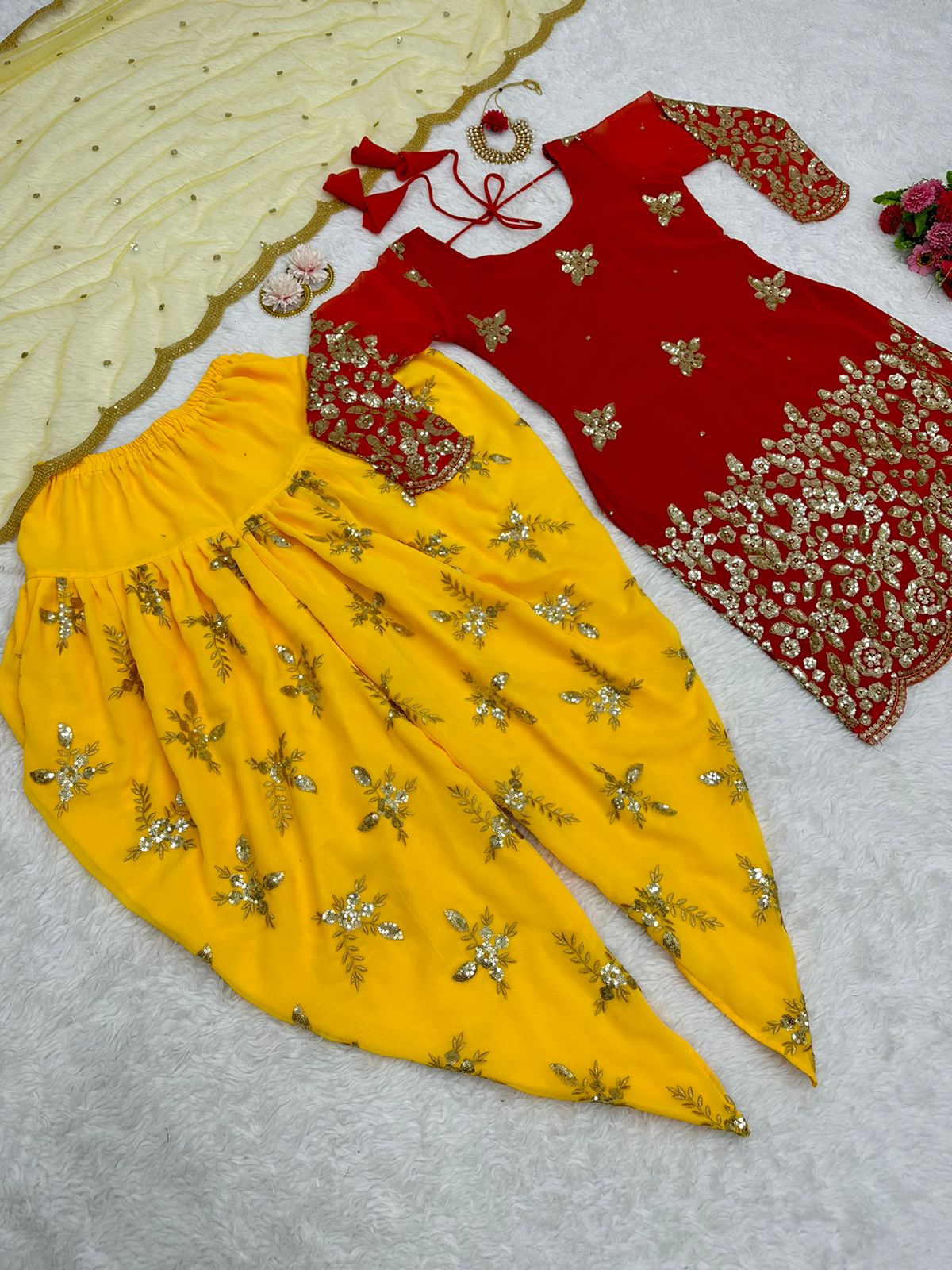 Attractive Yellow And Red Color Sequence Dhoti Suit