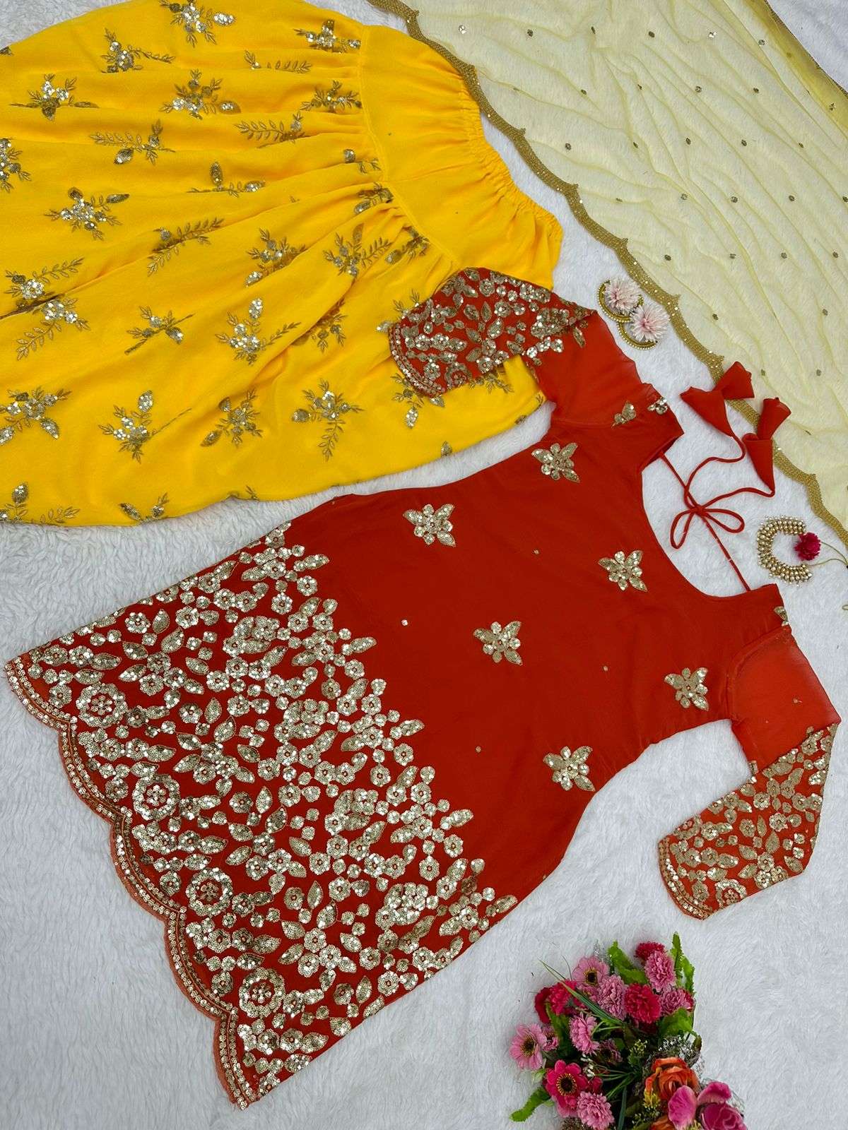 Attractive Yellow And Red Color Sequence Dhoti Suit