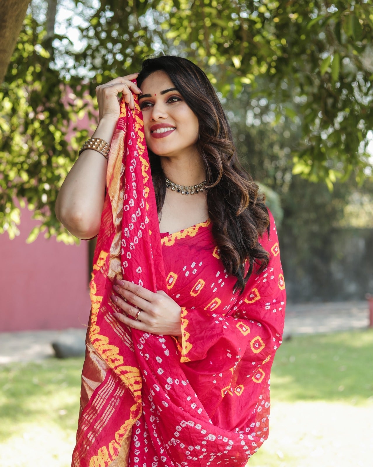 Tissue Pallu With Red Color Original Bandhani Saree