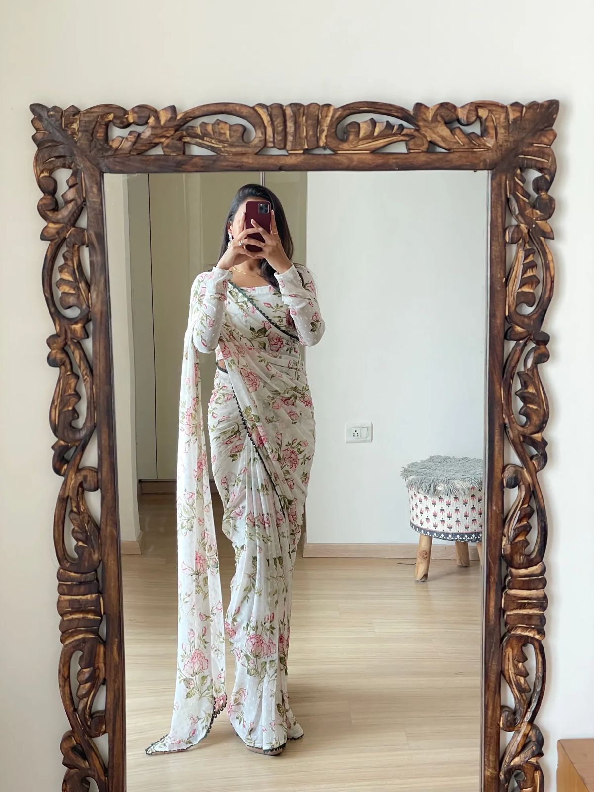 Digital Print White Color Ready To Wear Saree