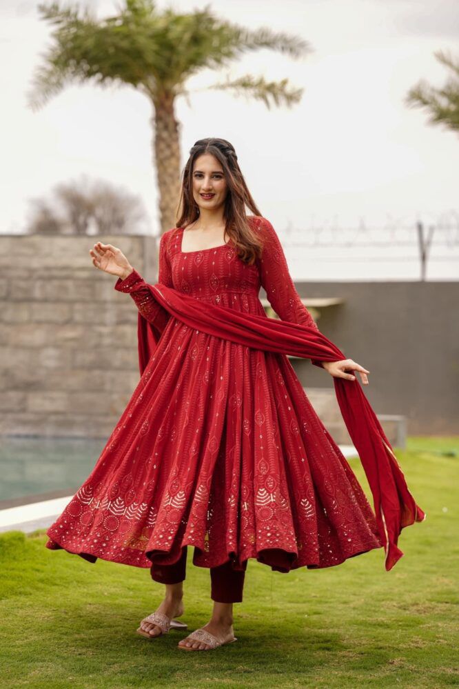 Embellished Red Color Sequence Work Gown