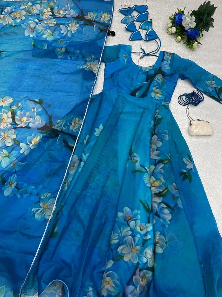 Trendy Sky Blue Color Organza Digital Printed Gown