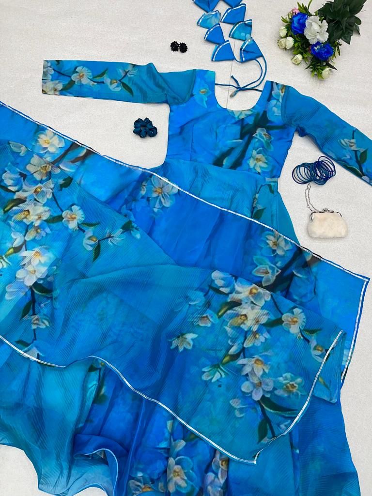 Trendy Sky Blue Color Organza Digital Printed Gown