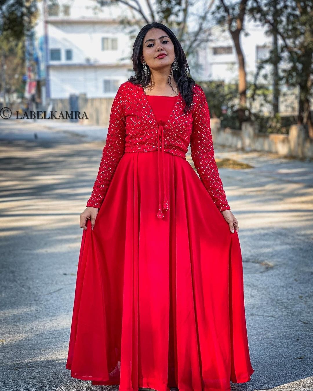Red Color Gown With Sequence Work Jacket & Dupatta
