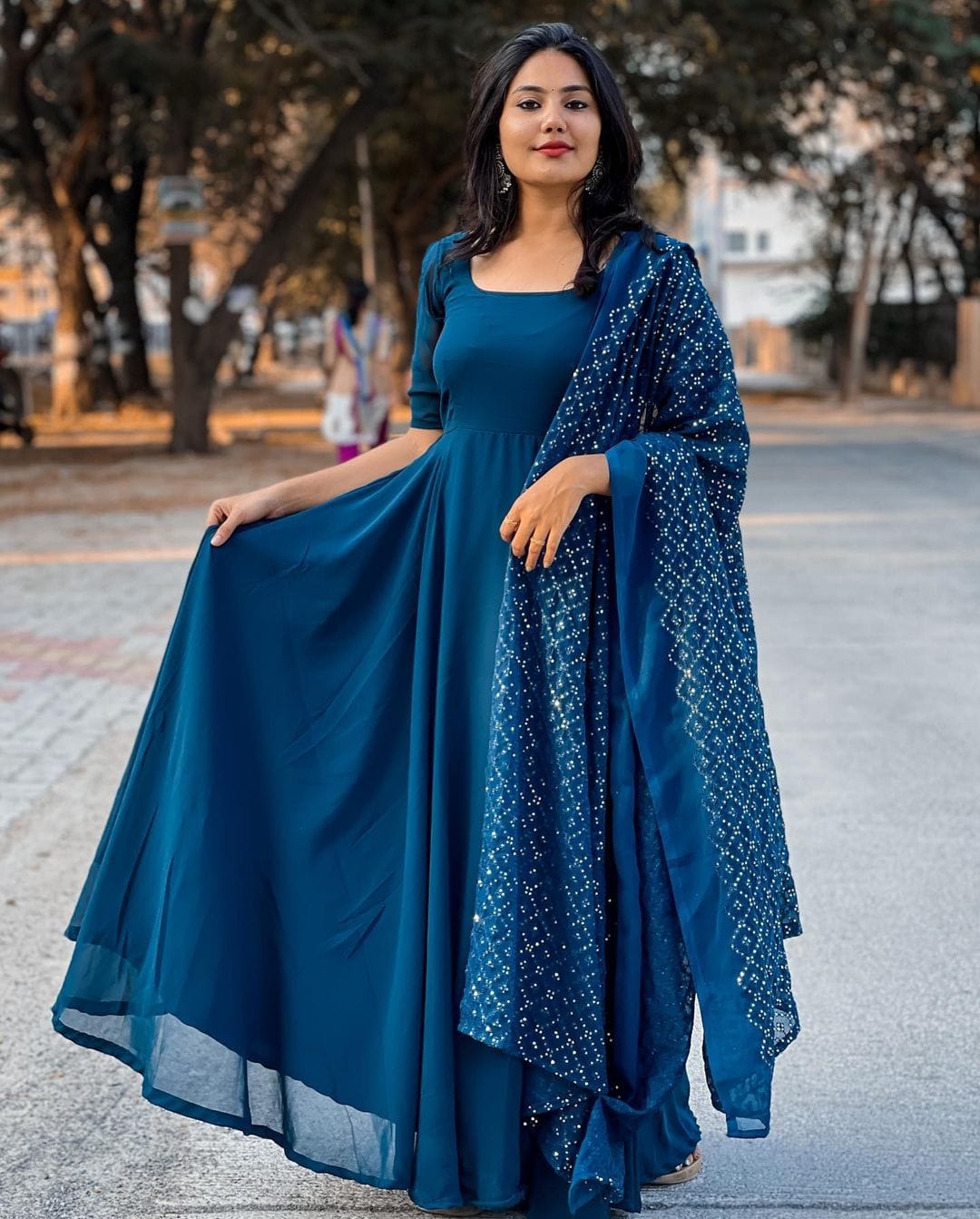 Blue Color Gown With Sequence Work Jacket & Dupatta