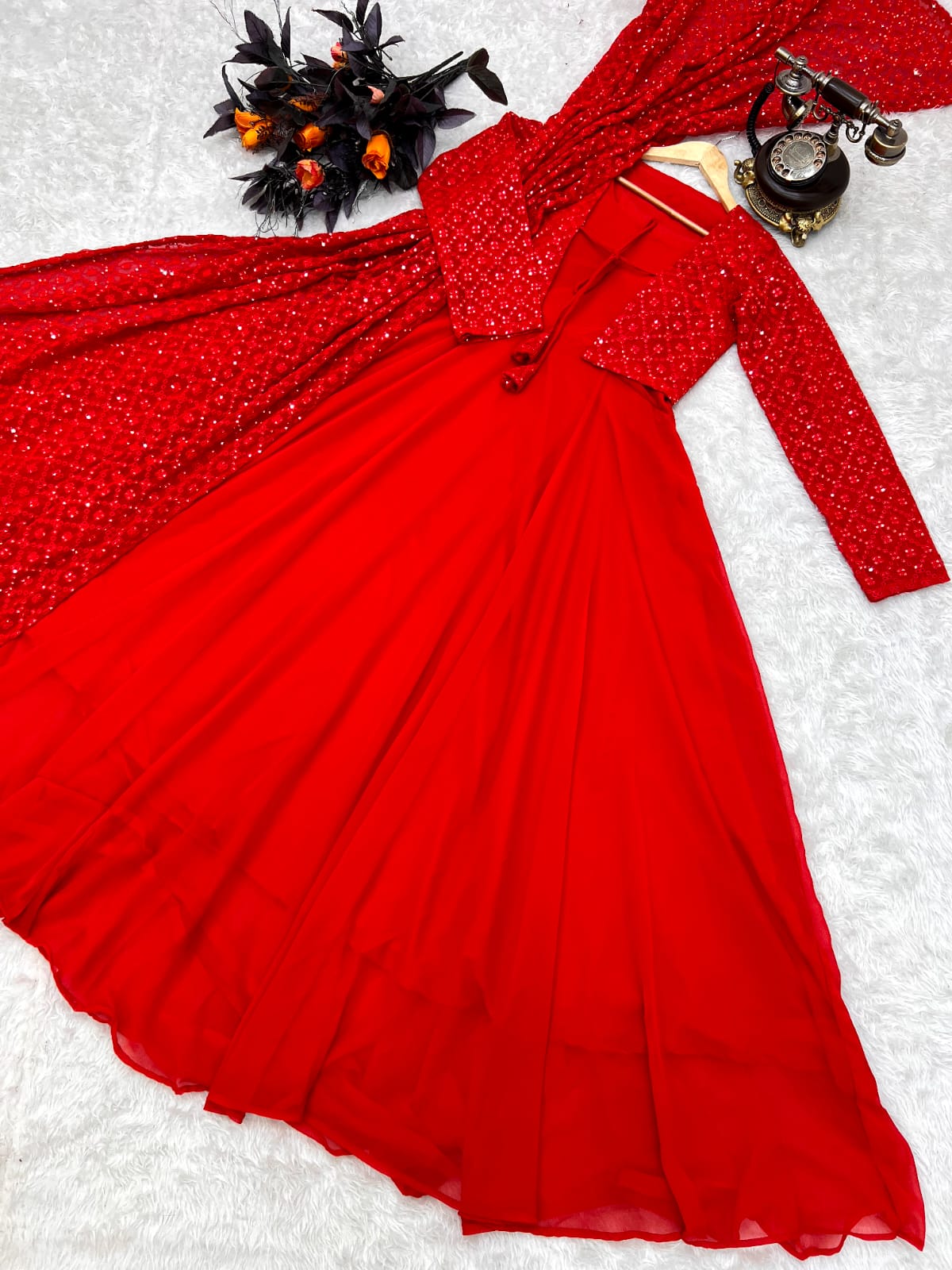 Red Color Gown With Sequence Work Jacket & Dupatta