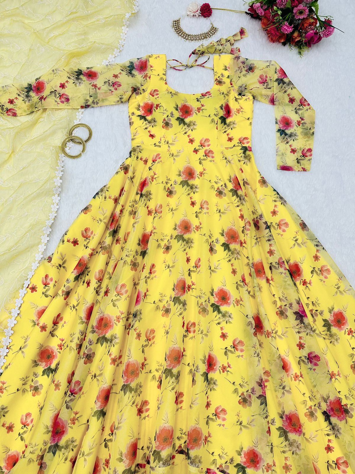Exclusive Yellow Color Digital Printed Organza Gown