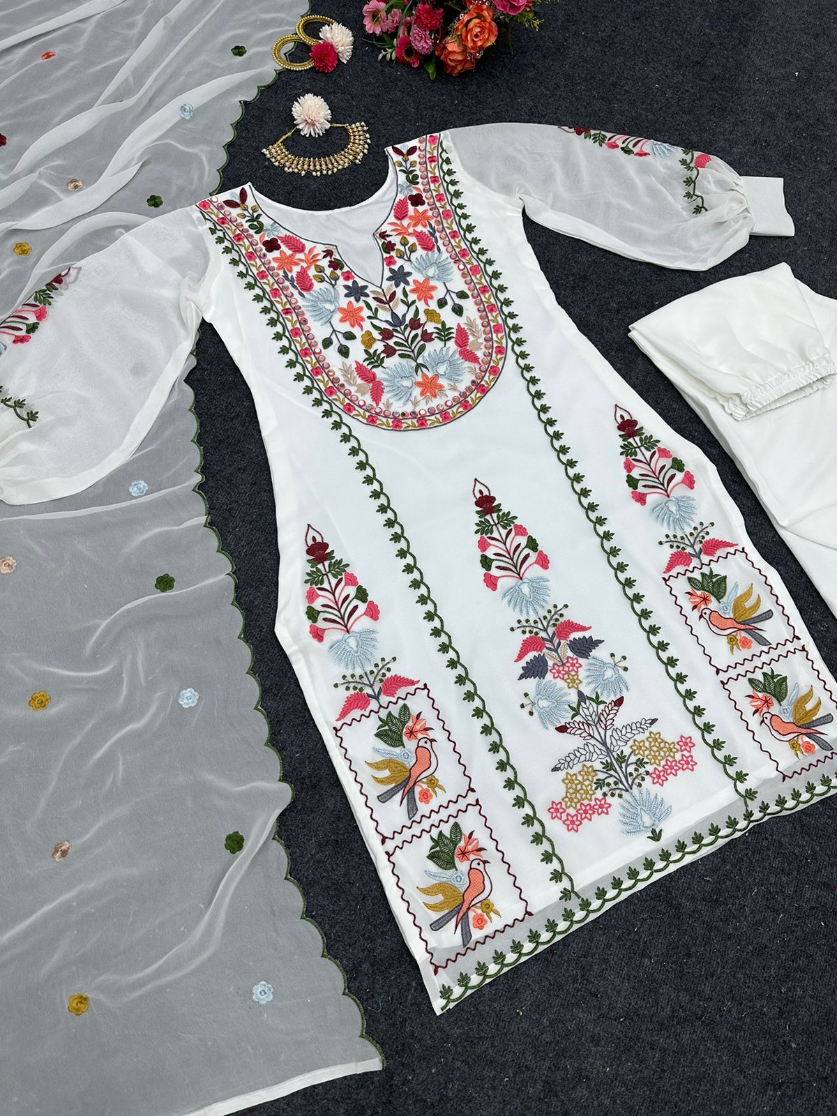 White Color Mirror With Multi Thread Work Salwar Suit