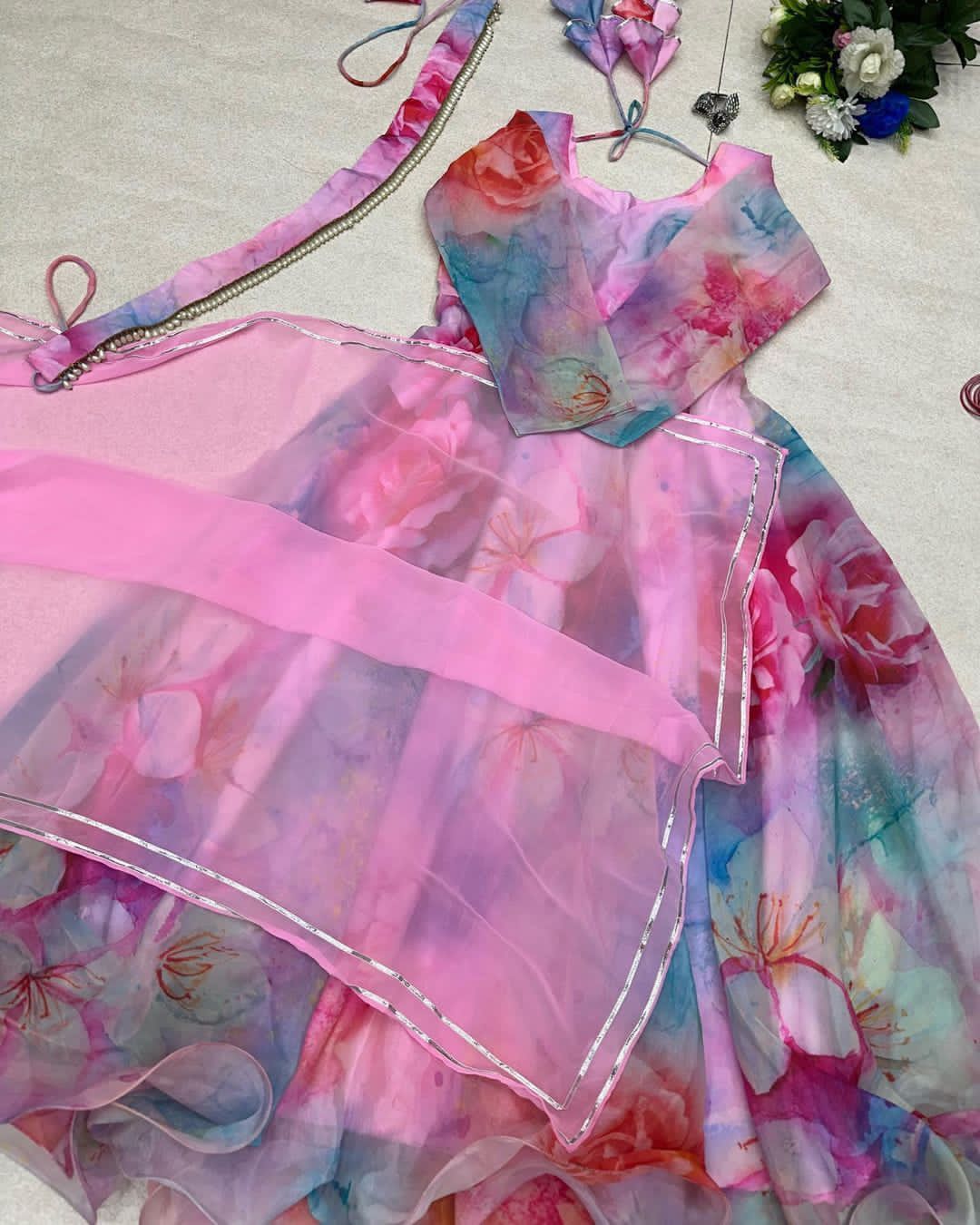Pink With Multi Color Digital Printed Organza Silk Gown
