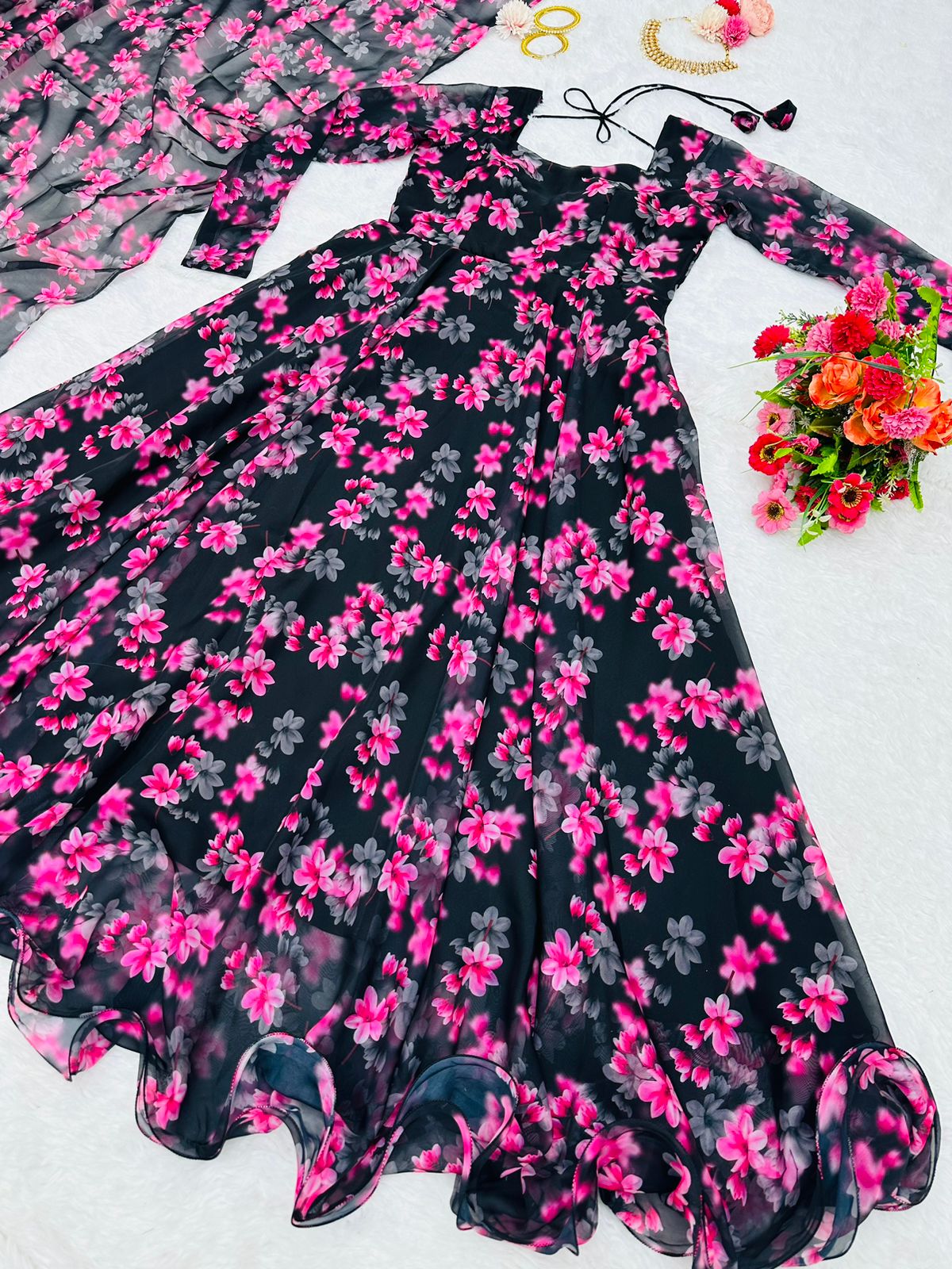 Stunning Black Color Digital Flower Printed Gown