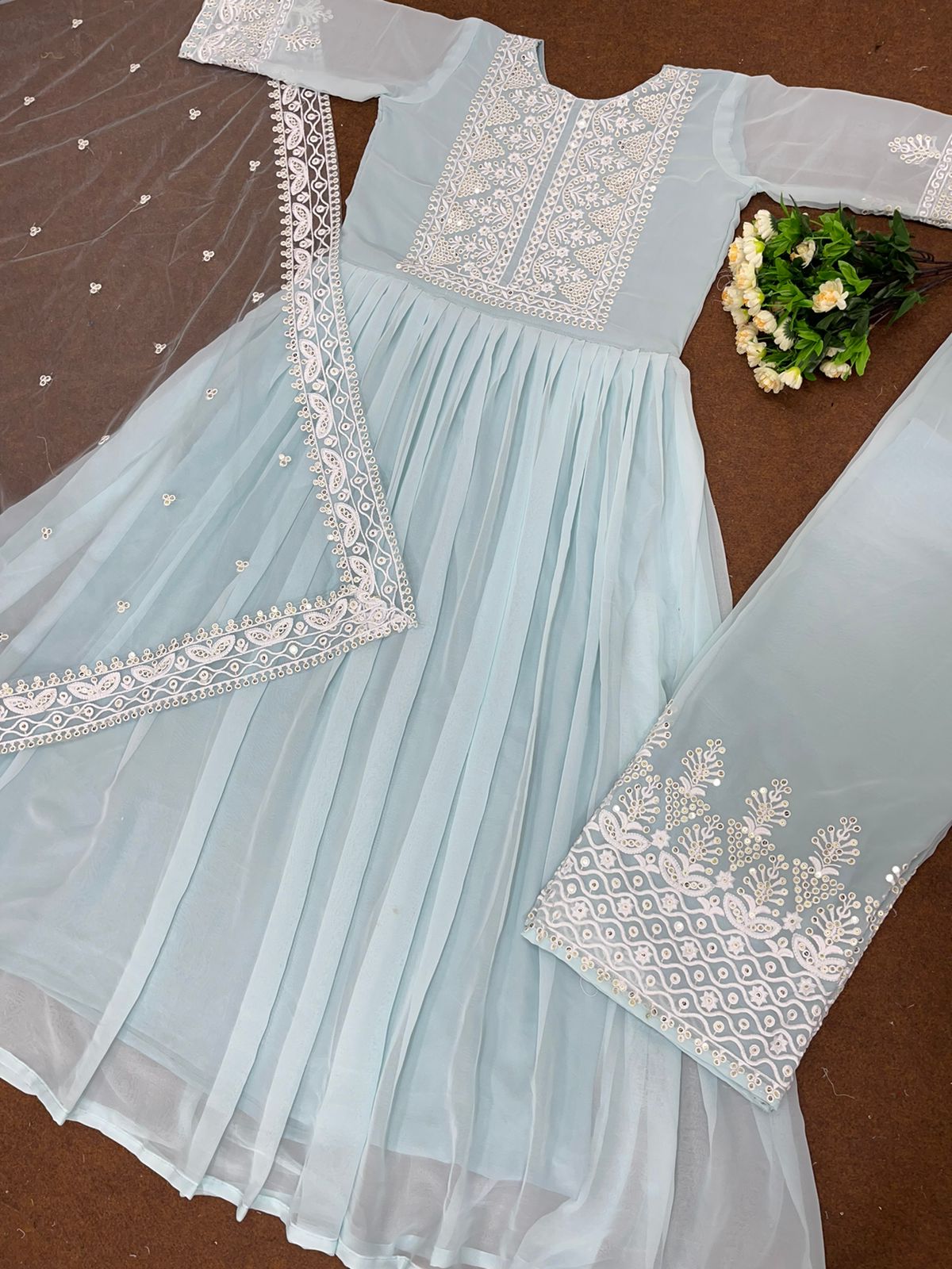 Attractive Sky Blue Color Anarkali Top With Palazzo