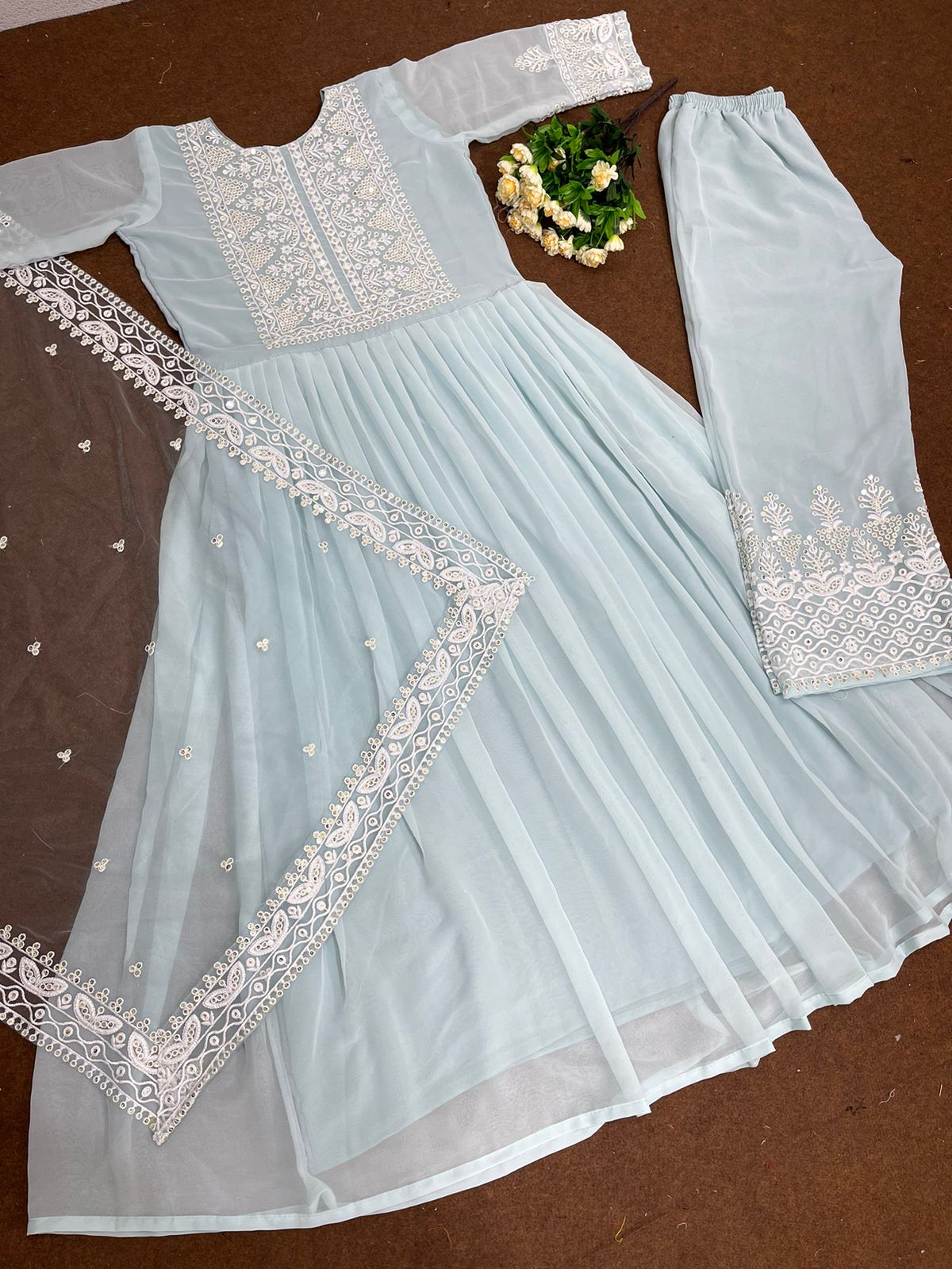 Attractive Sky Blue Color Anarkali Top With Palazzo