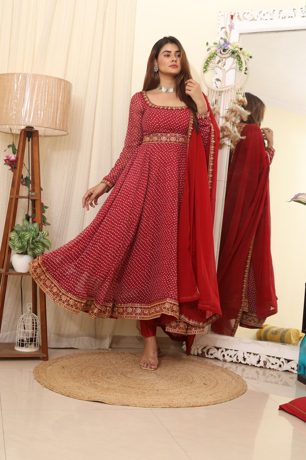 Festive Wear Digital Print Lace Work Red Color Gown