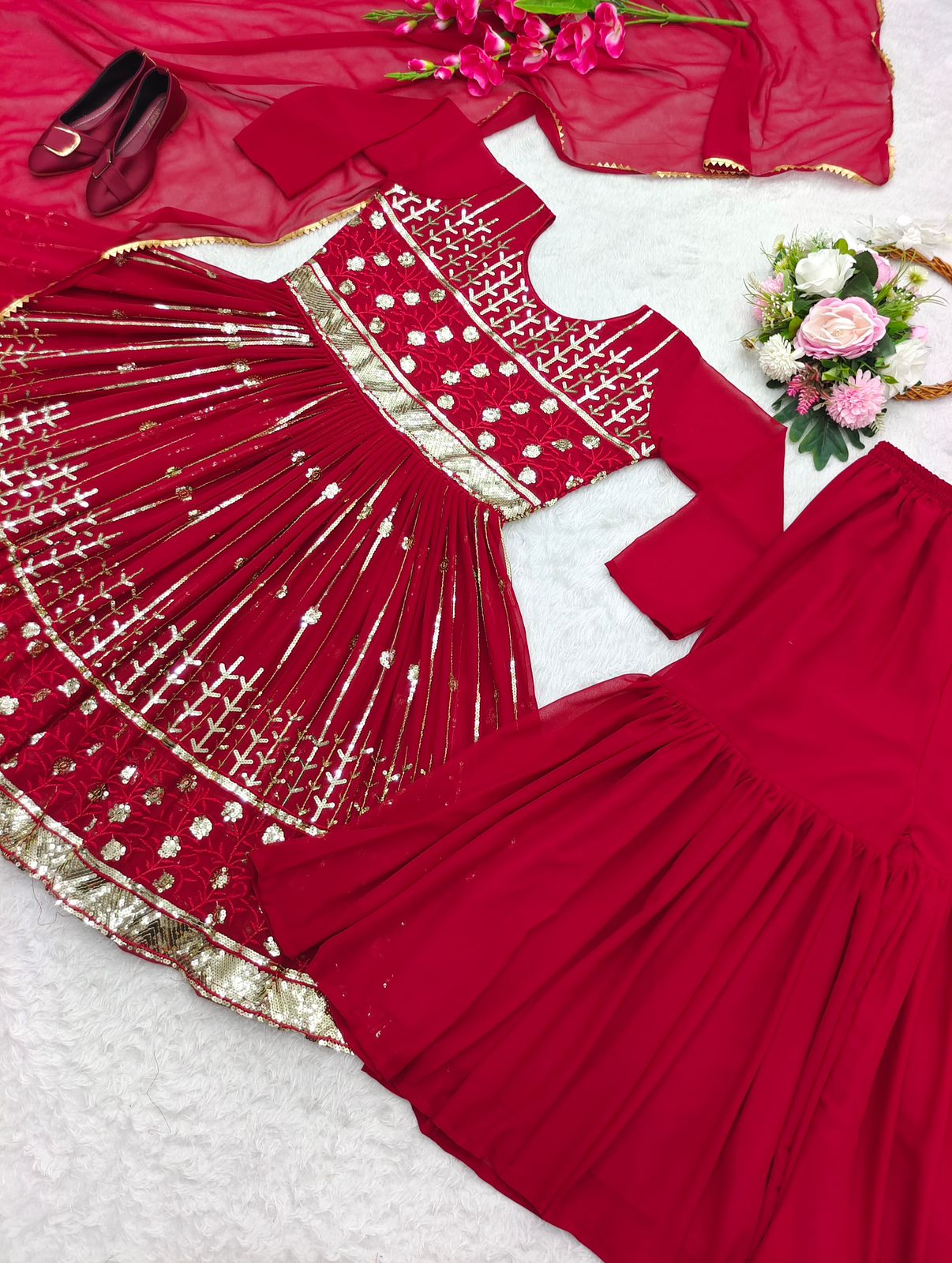Pretty Red Color Sequence Embroidery Work Sharara Suit