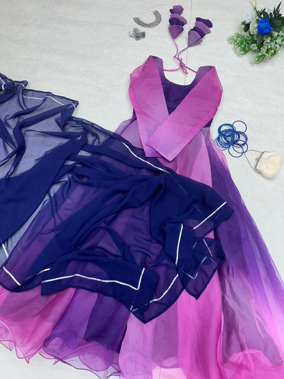 Gorgeous Purple Color Digital Print Organza Silk Gown
