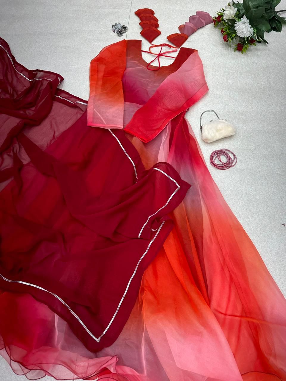 Gorgeous Red Color Digital Print Organza Silk Gown