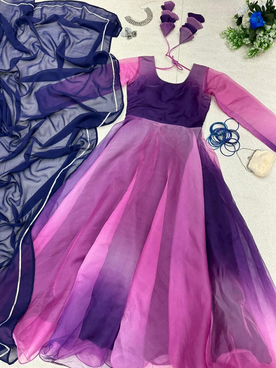 Gorgeous Purple Color Digital Print Organza Silk Gown