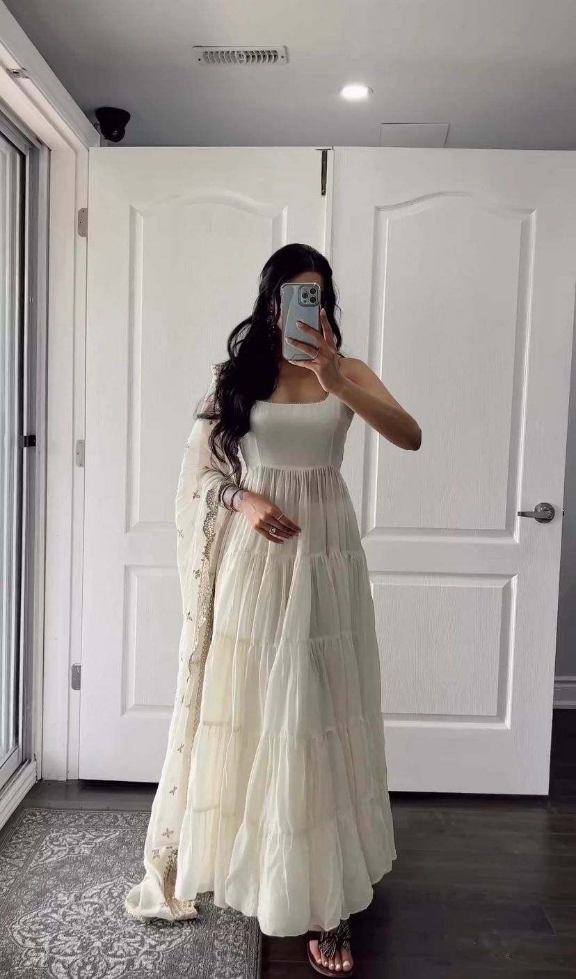 Outstanding White Color Ruffle Anarkali Gown