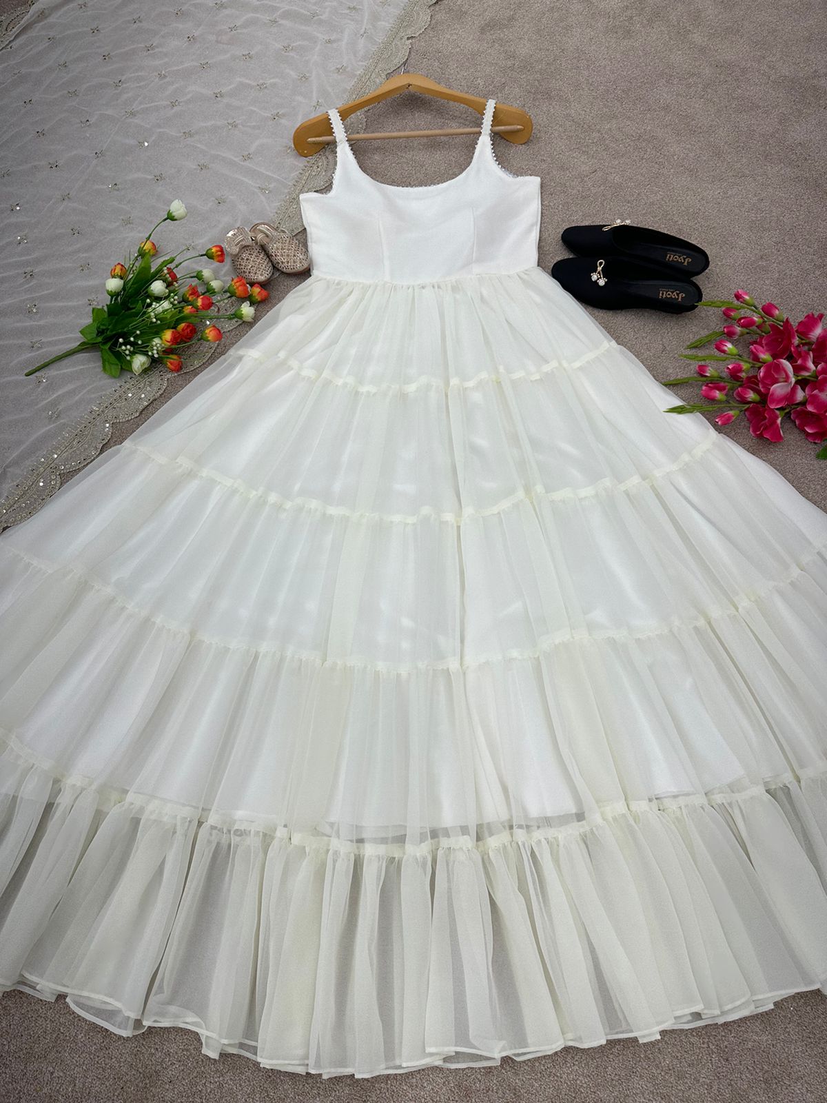 Outstanding White Color Ruffle Anarkali Gown