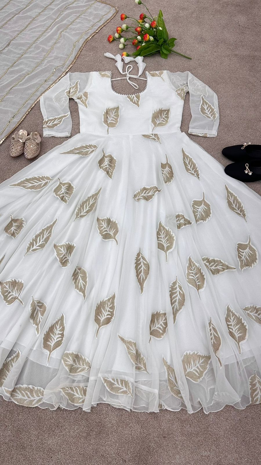 White Color Leaf Embroidery Design Gown