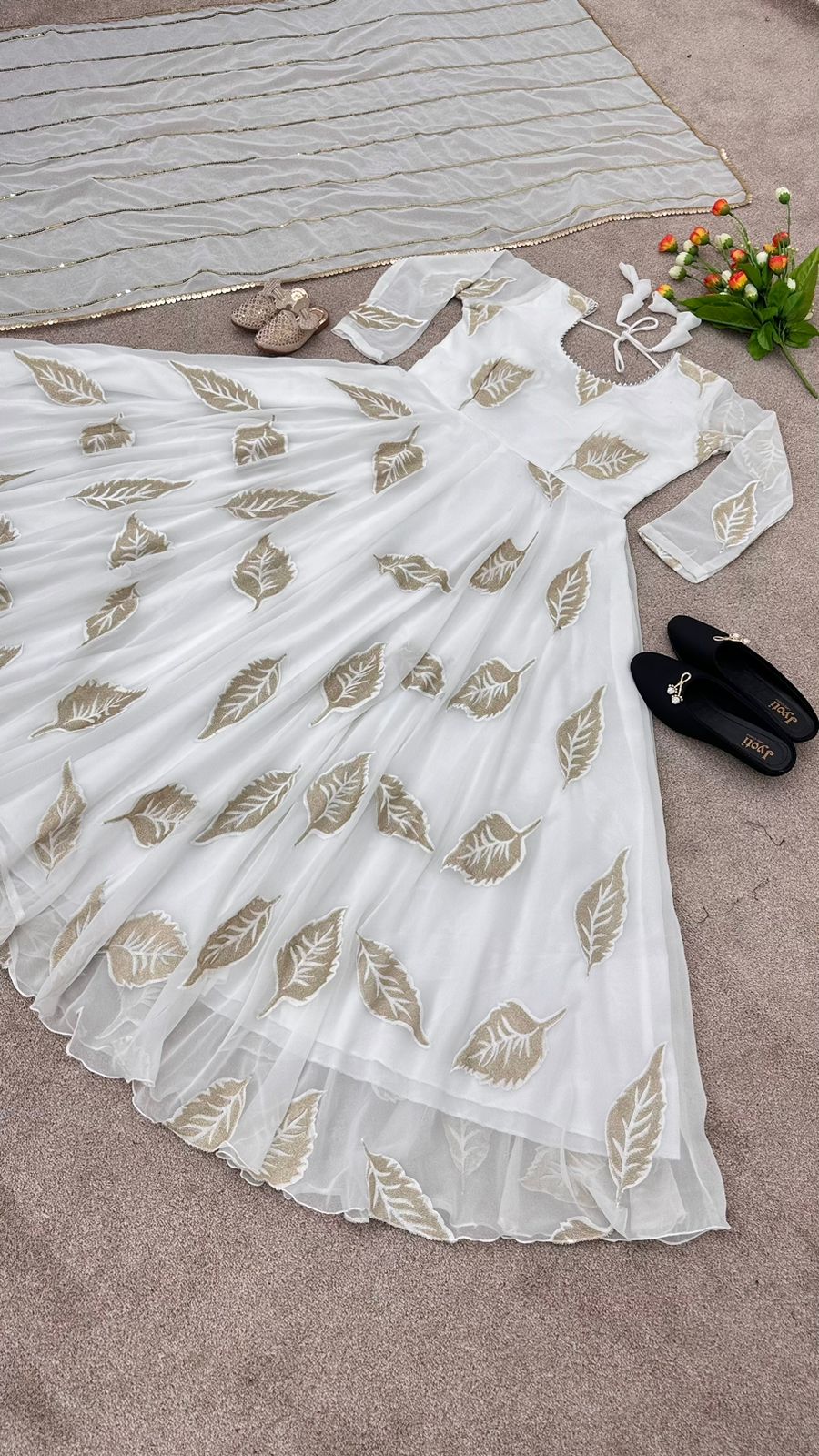 White Color Leaf Embroidery Design Gown