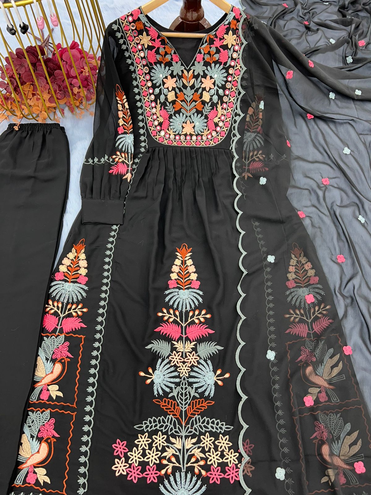 Stylish Black Color Embroidery Work Top With Palazzo Set