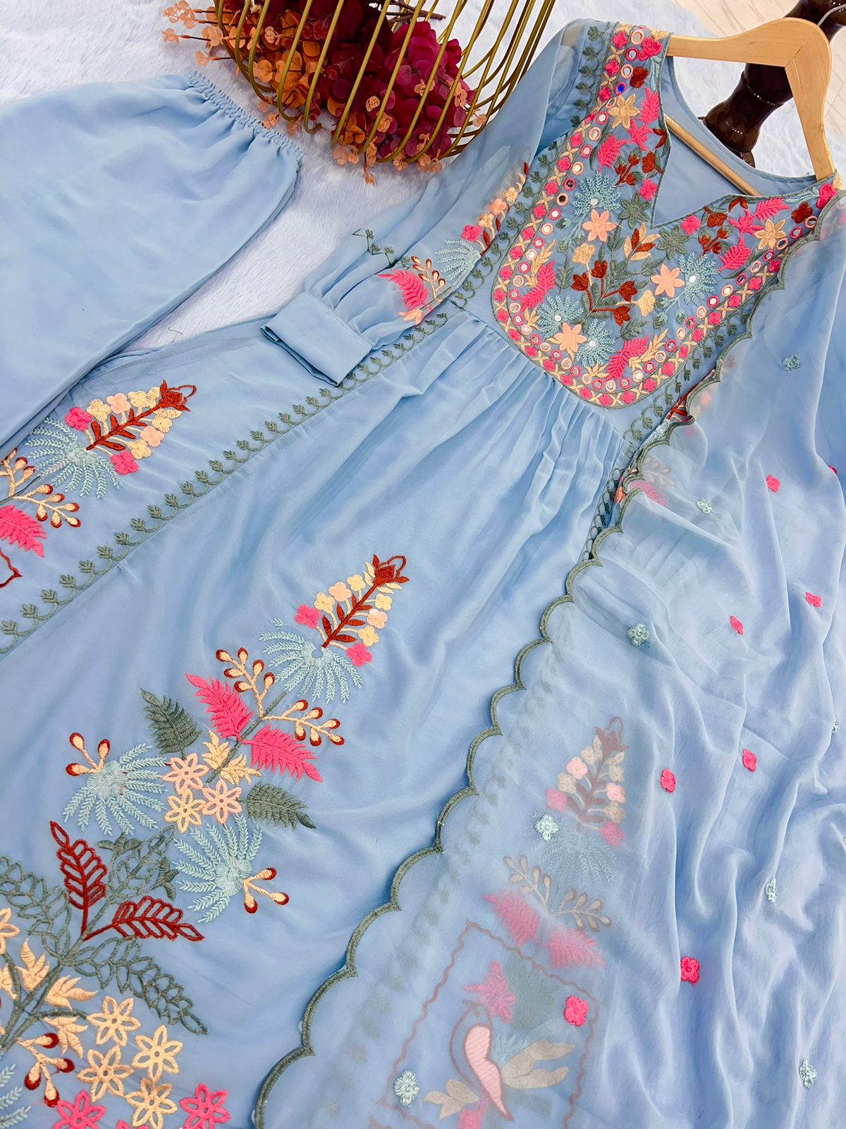 Terrific Sky Blue Color Embroidery Work Top With Palazzo Set