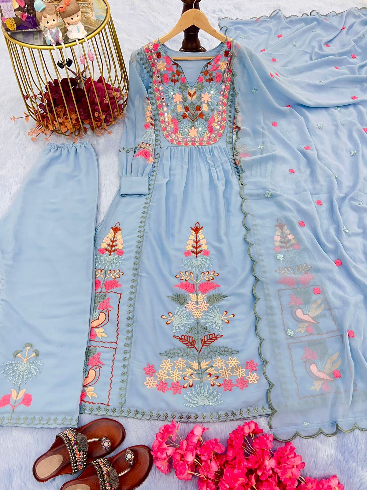 Terrific Sky Blue Color Embroidery Work Top With Palazzo Set