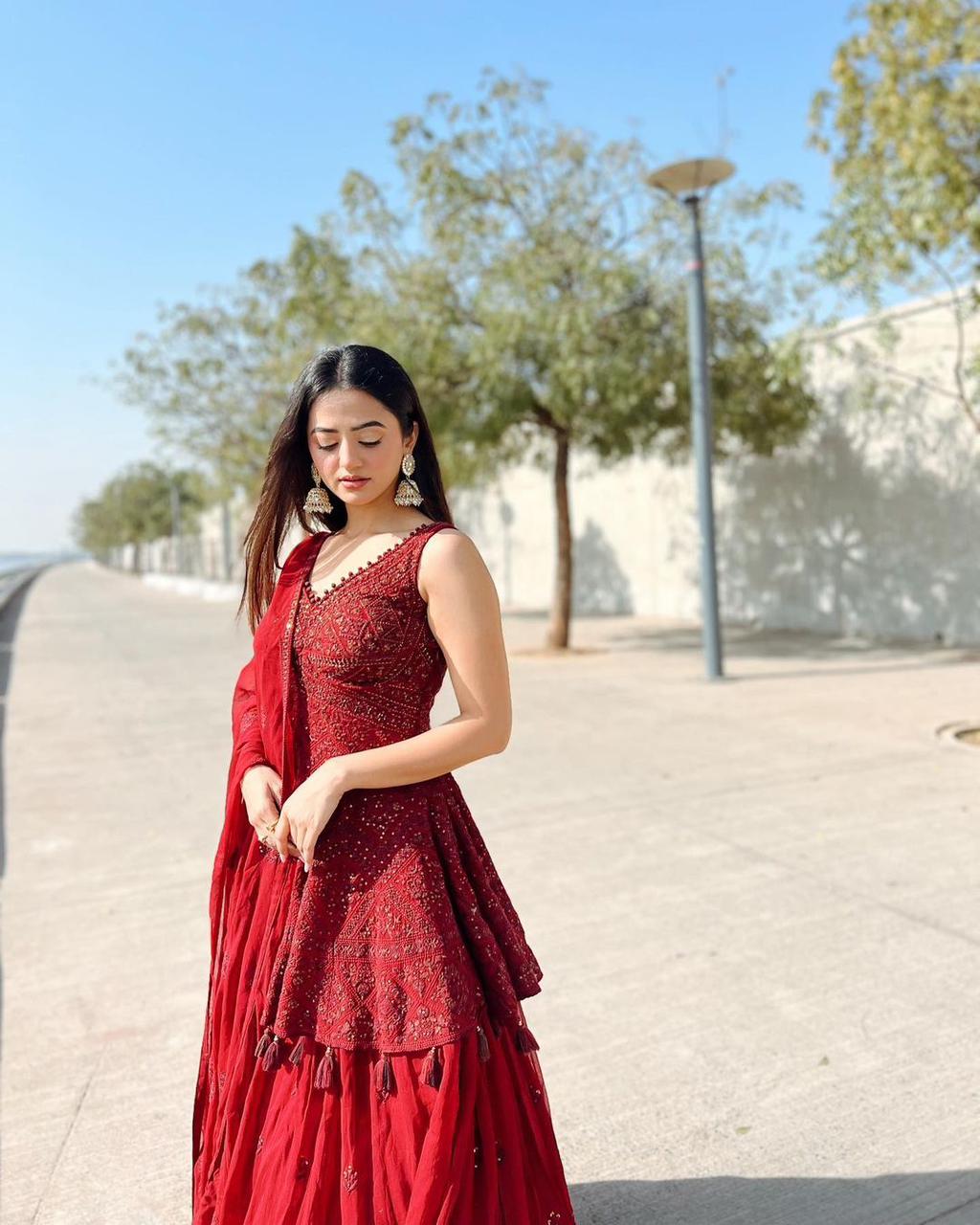 Maroon Color Celebrity Wear Top With Lehenga