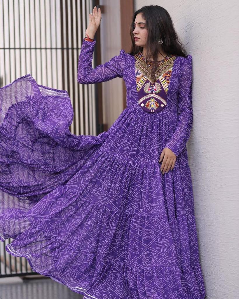 Purple Color Mirror Work Printed Ruffle Style Gown
