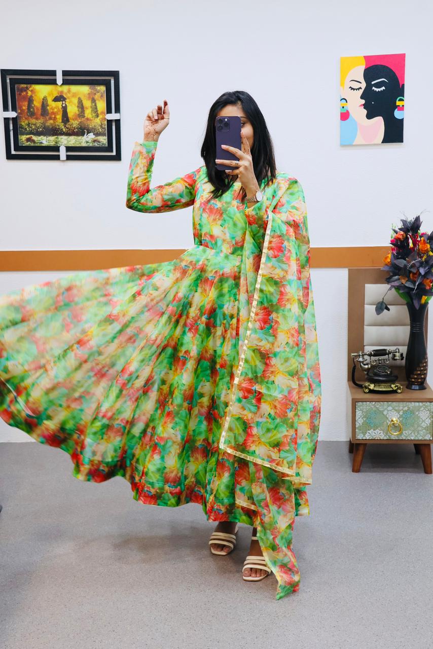 Multi Color Printed Parrot Green Color Organza Gown