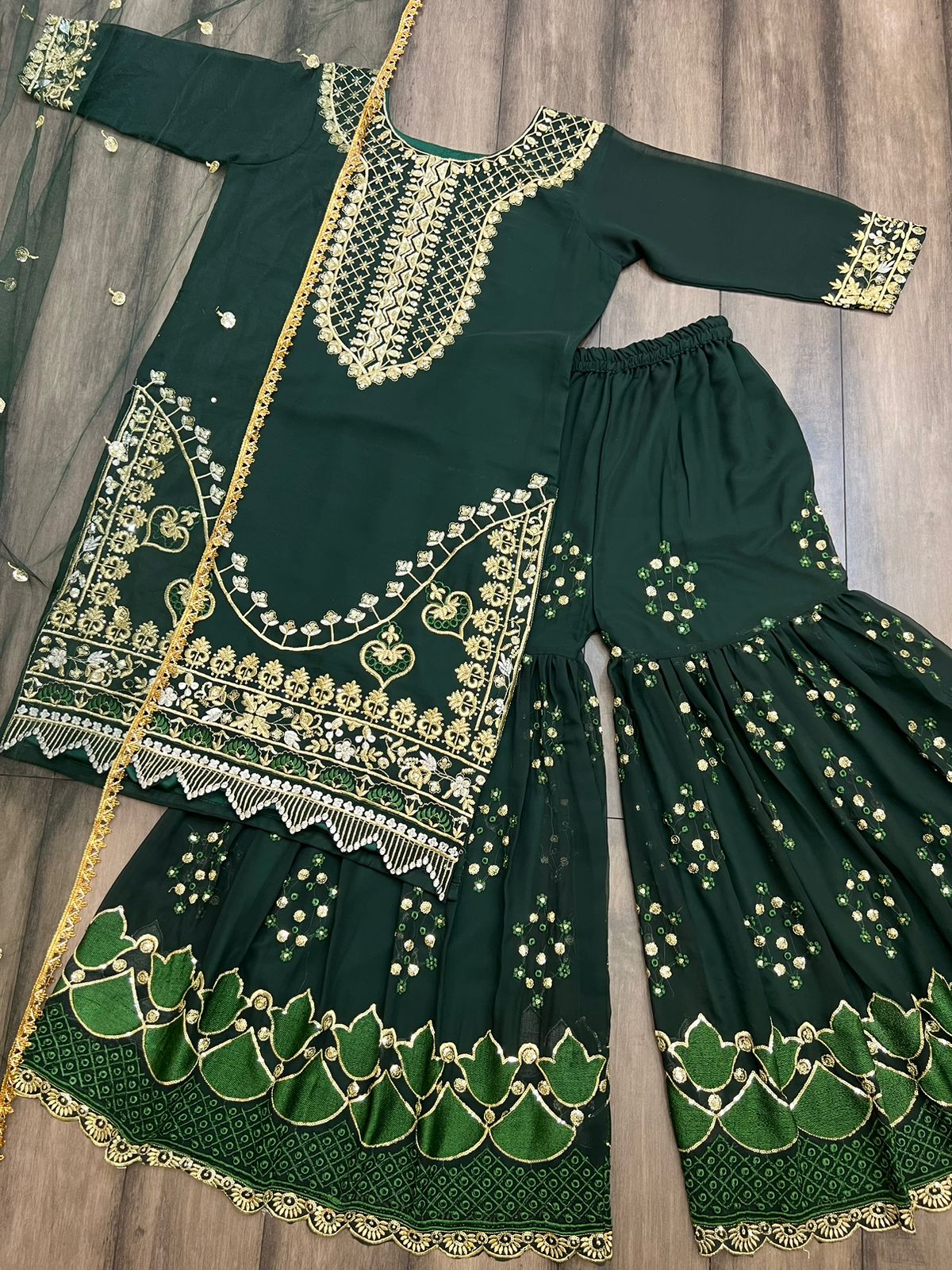 Stylish Dark Green Color Embroidery Work Sharara Suit