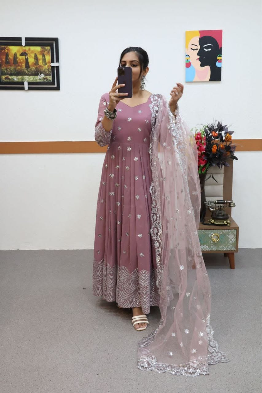 Ravishing Dusty Pink Color Embroidery Work Gown