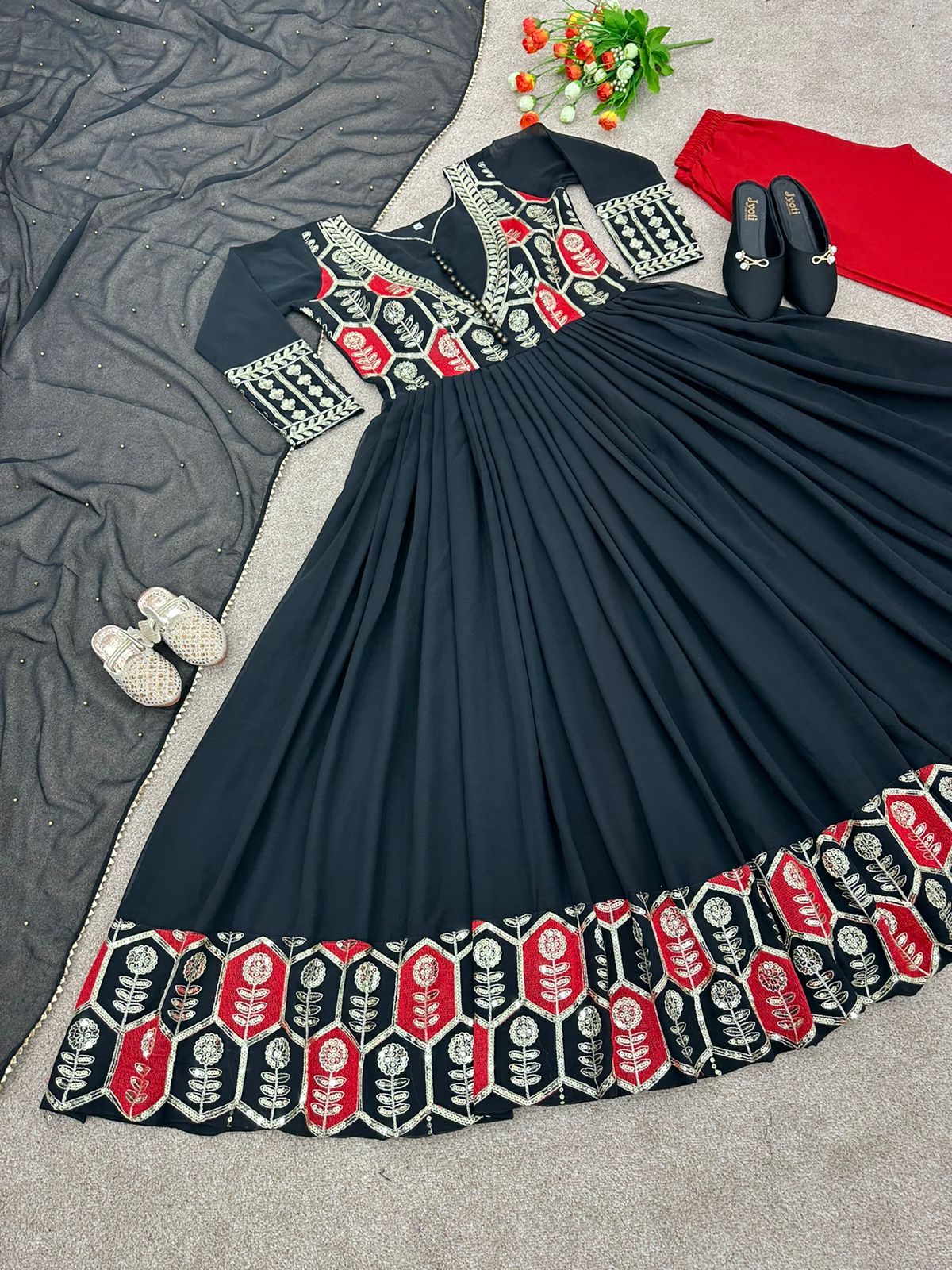 Festive Wear Black Color Embroidery Work Gown