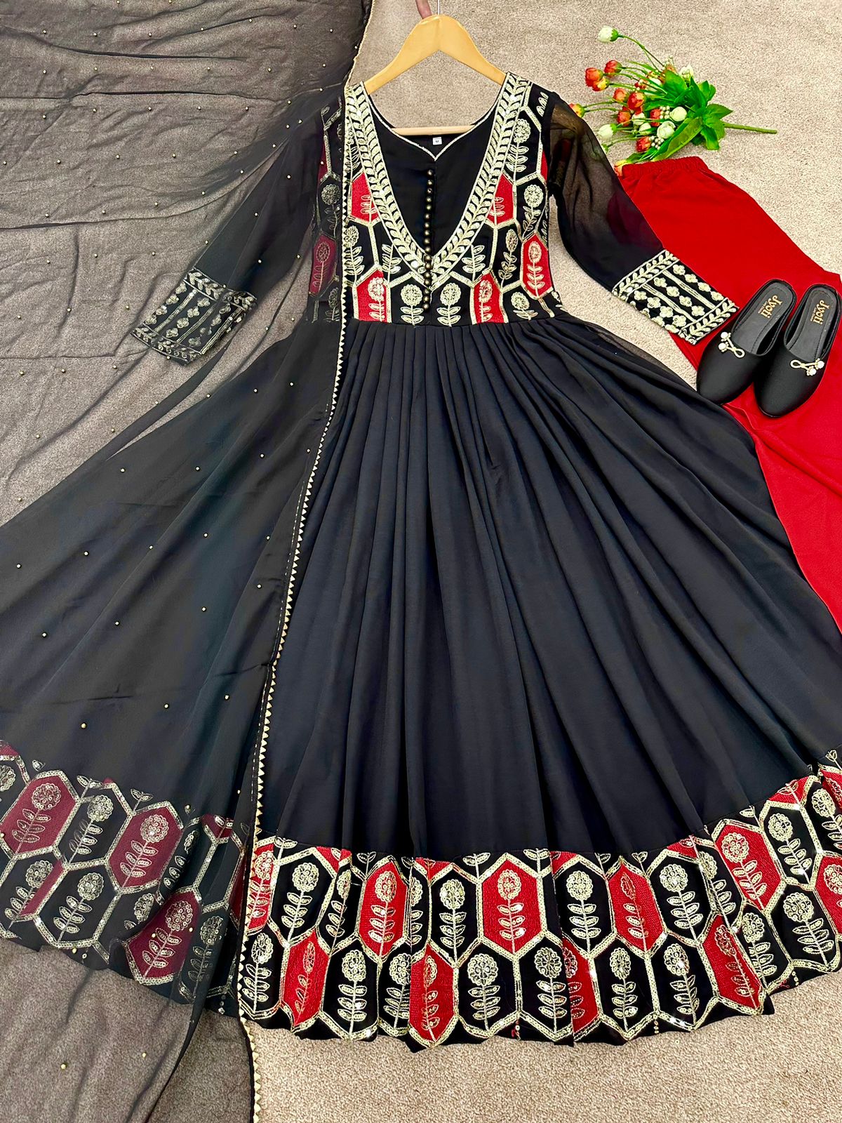 Festive Wear Black Color Embroidery Work Gown