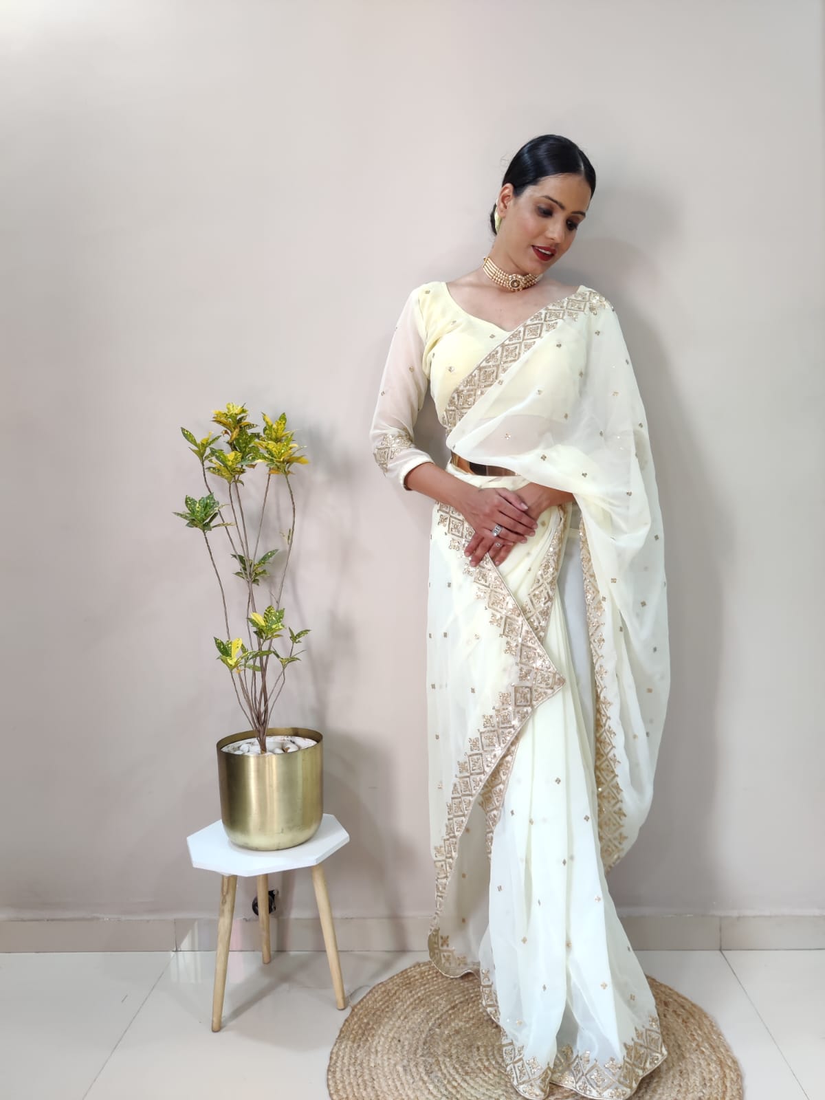 Stunning Ready To Wear White Color Saree