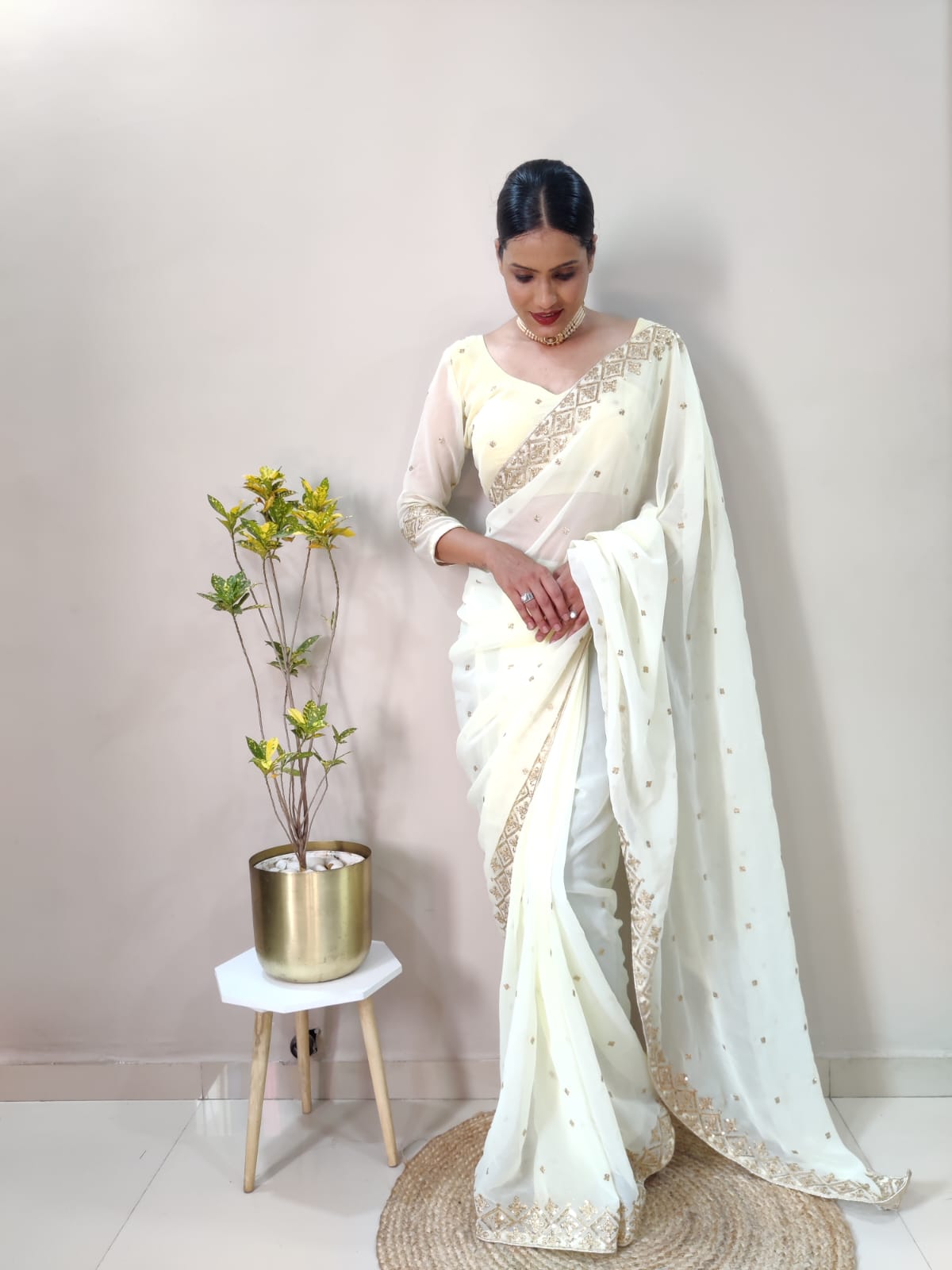 Stunning Ready To Wear White Color Saree