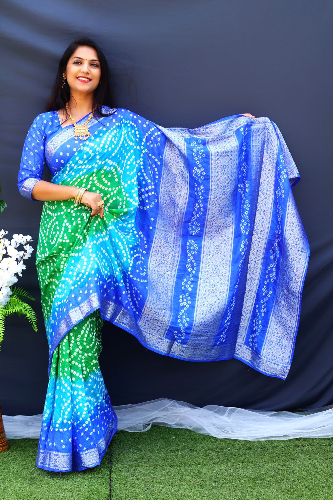 Beautiful Design Border Blue Color Bandhej Silk Saree