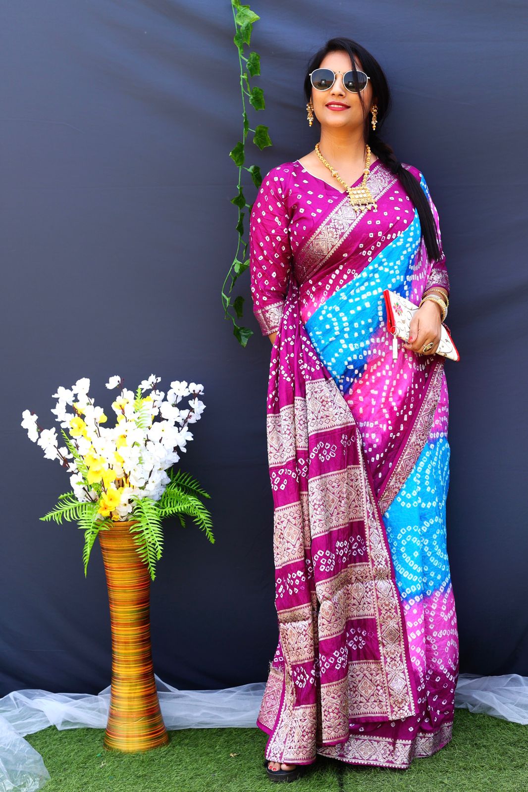 Beautiful Design Border Pink Color Bandhej Silk Saree