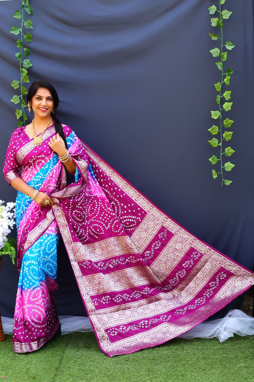 Beautiful Design Border Pink Color Bandhej Silk Saree