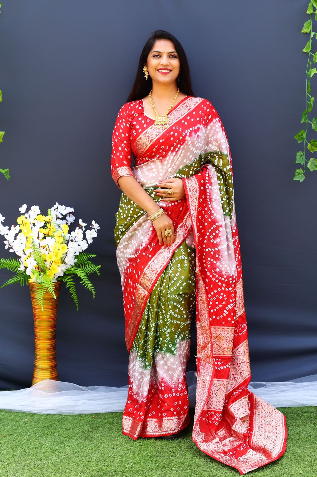 Beautiful Design Border Red Color Bandhej Silk Saree