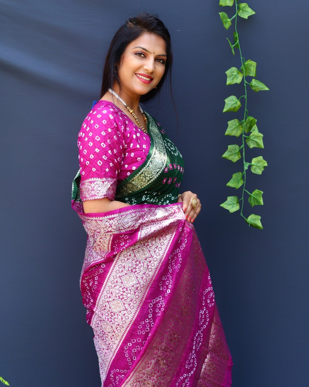 Beautiful Design Border Green And Pink Color Bandhej Silk Saree