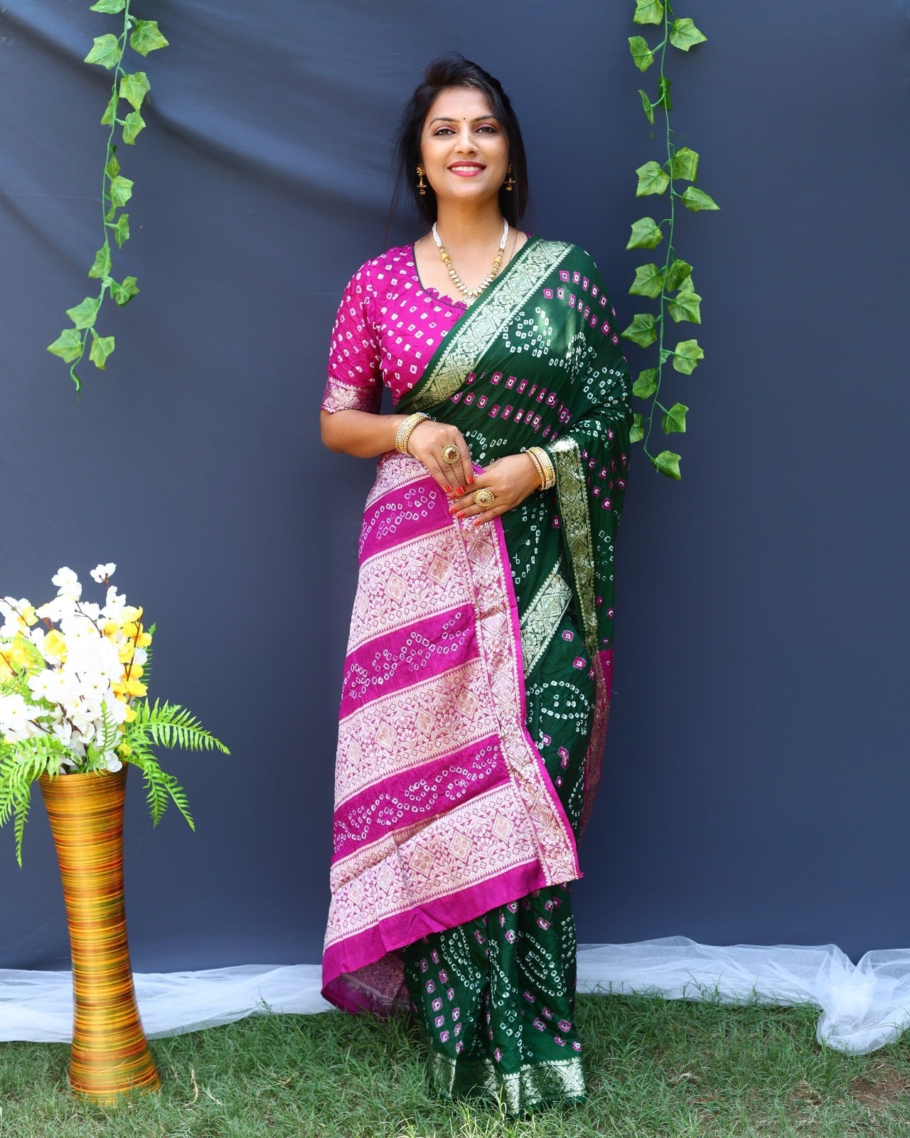 Beautiful Design Border Green And Pink Color Bandhej Silk Saree