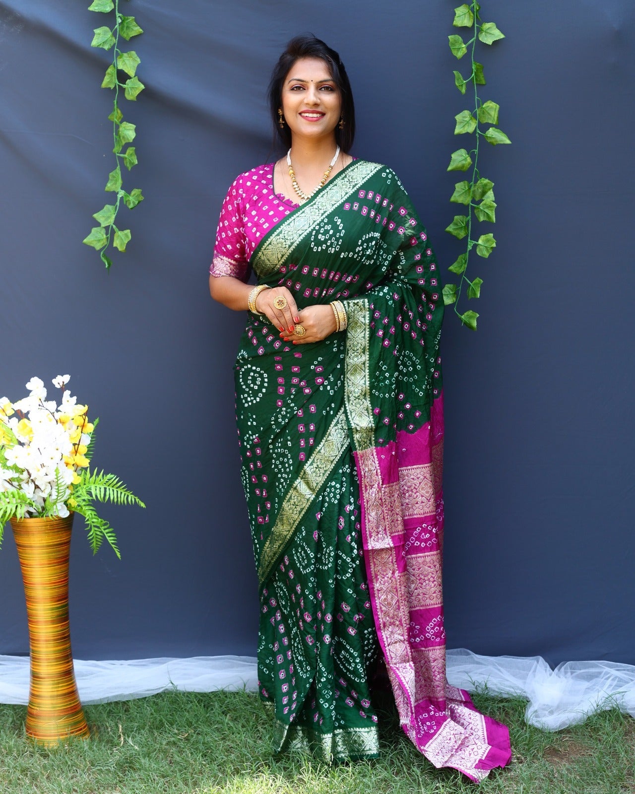 Beautiful Design Border Green And Pink Color Bandhej Silk Saree