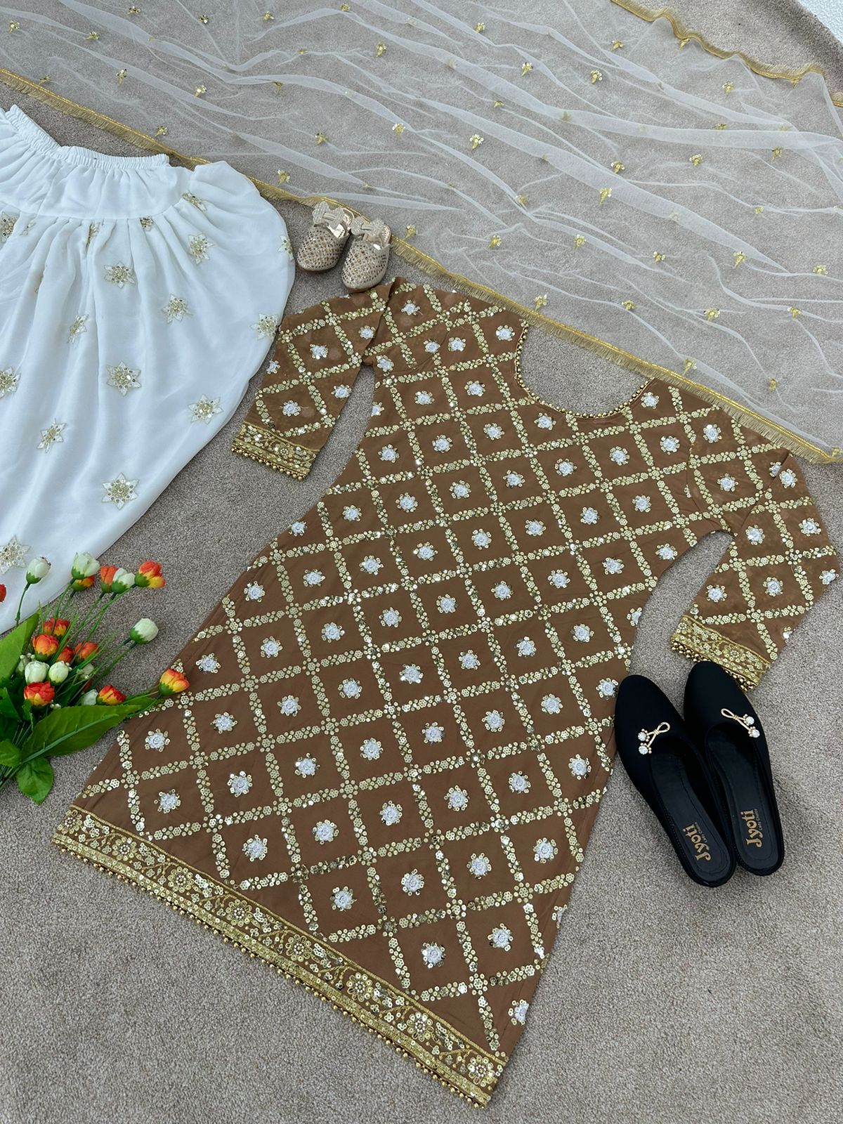 Stylish Brown With White Color Sequence Work Dhoti Suit